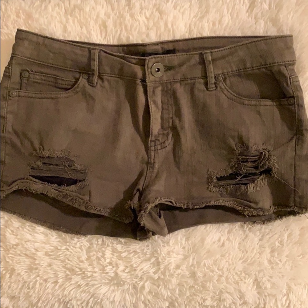 Olive green studded jean shorts